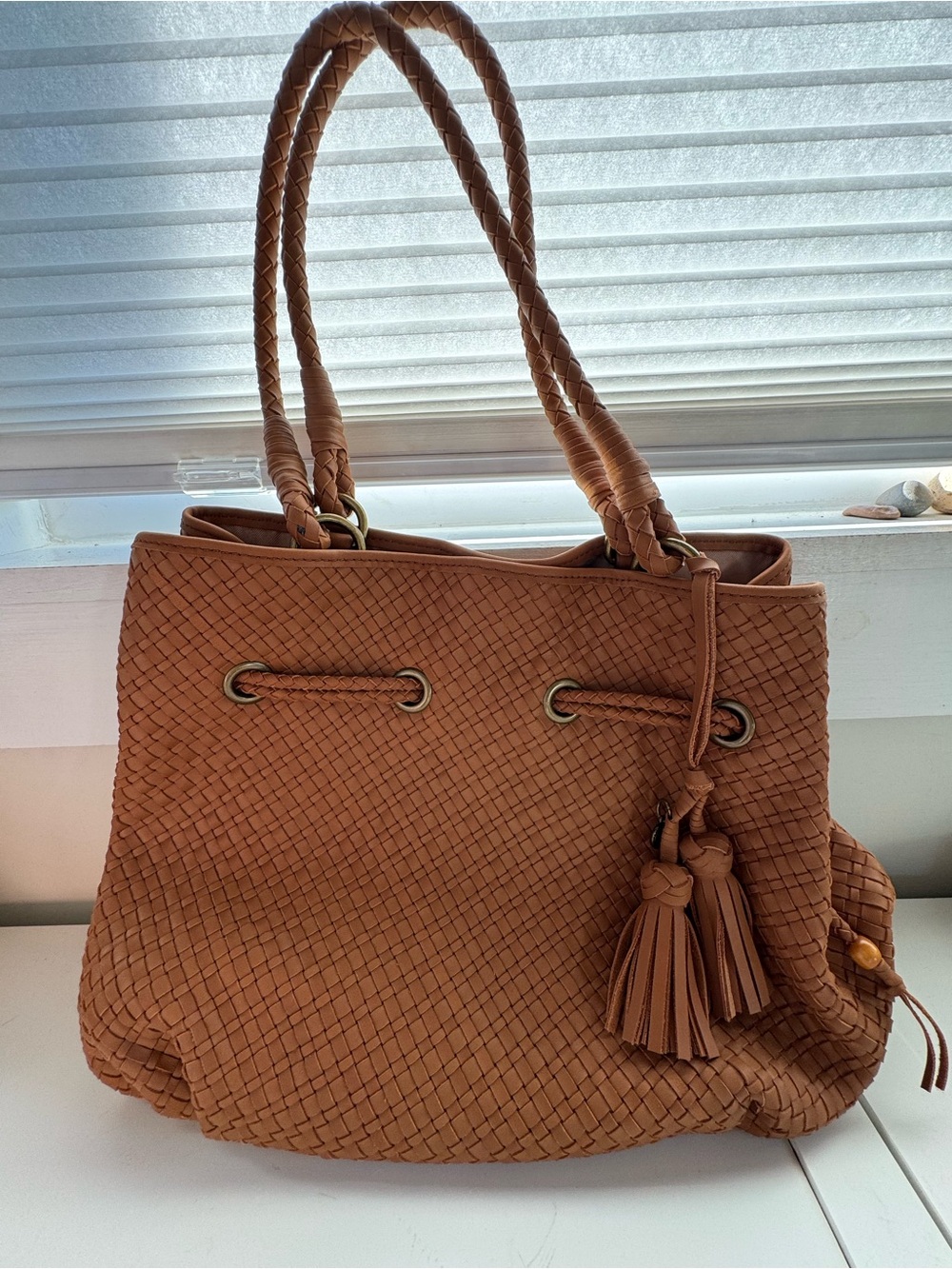 The Sak Woven Shoulder Tote in Tan with Tassels